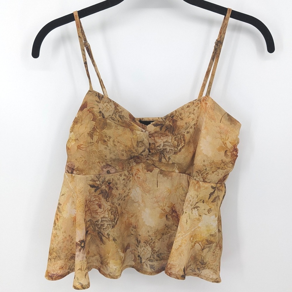 Y2K Top Womens Small Yellow Floral Chiffon Sleeveless Peplum‎ Cami Madden NYC